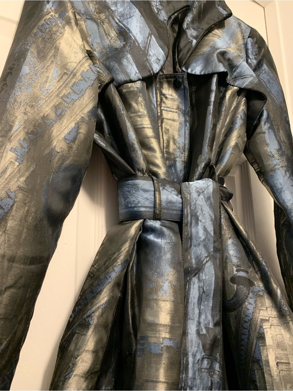 Samuel Dong Metallic Black and Blue Belted Trench Coat